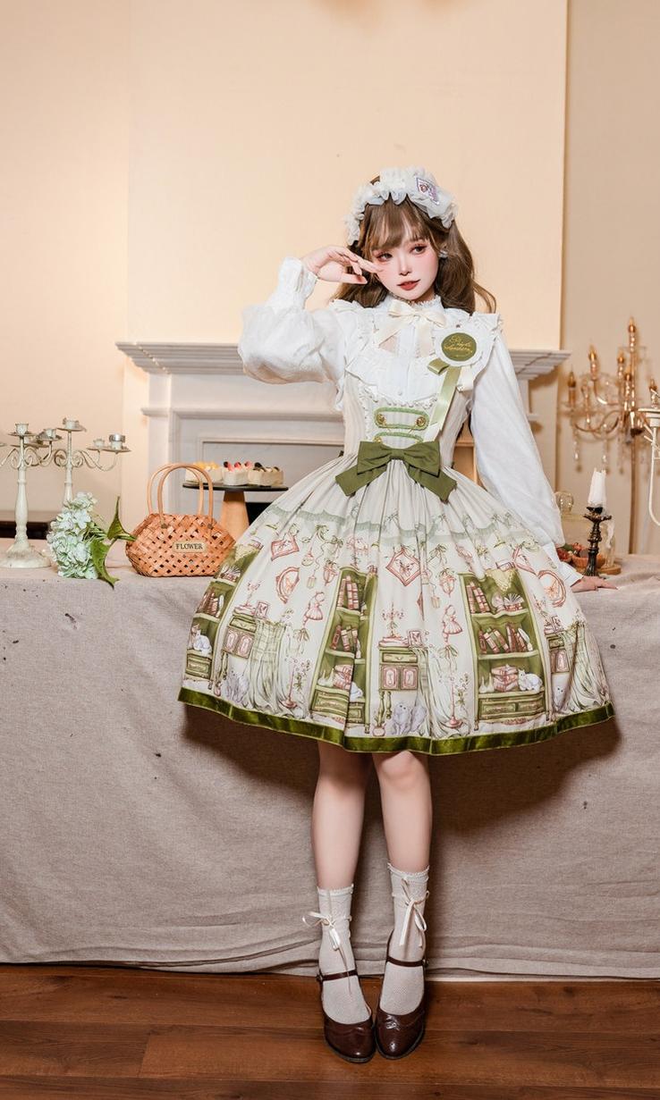 Aurora's Bookroom - Classic Lolita Bust-support JSK Dress with Bookstore Print