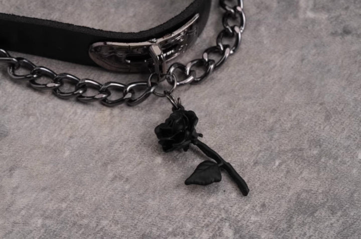 Strange Sugar~Gothic Lolita Choker Faux Leather Rose Pendant Necklace   