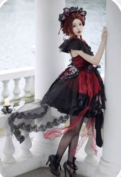 Star fantasy~Butterfly Ballet~Gothic Lolita Butterfly Shaped JSK dress set(jsk+trailing+a pair of side clips) red S