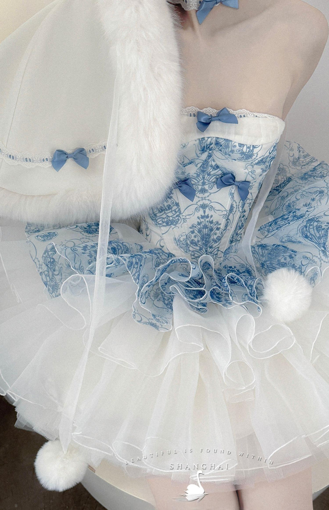 POSHEPOSE~Blue and White Porcelain~Princess Lolita Cake Skirt JSK Dress Plush Cape