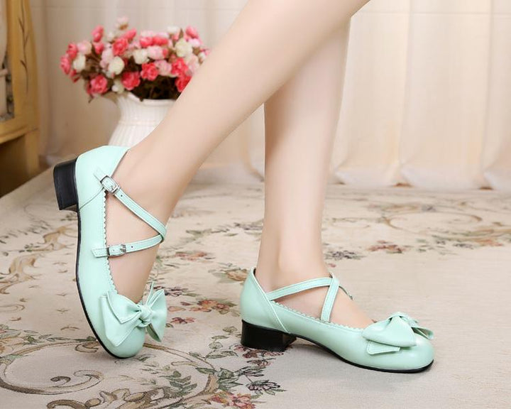 Sosic~Bow and Low Heel Cross Band Lolita Leather Shoes   