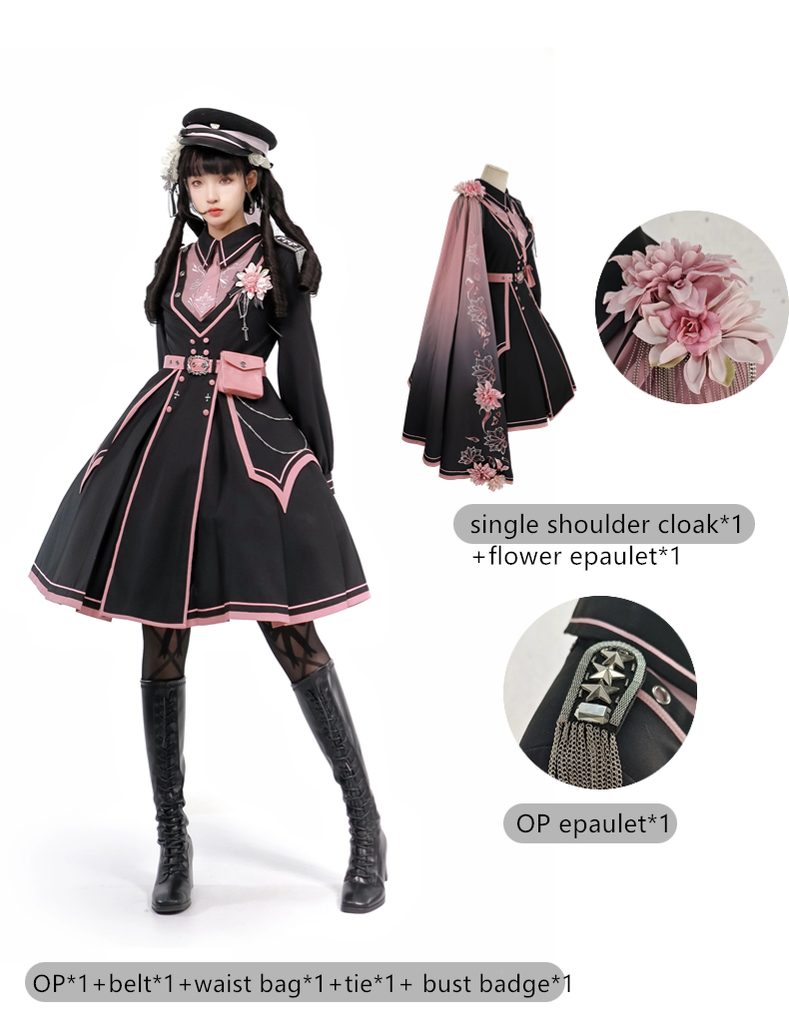 Chunlv Lolita - Dark Pink Military Lolita OP Dress Lolita Cloak S a pair of ordinary shoulder epaulet (One Size)