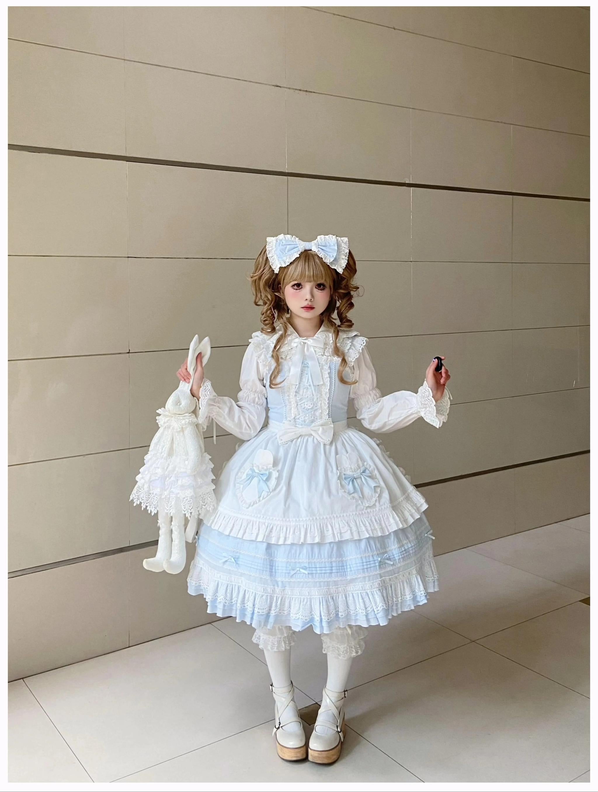 Little Bunny Bakery - Old School Lolita Cotton JSK Dress, Bunny-ear Heart Apron