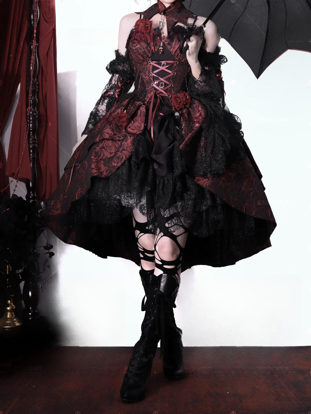 Cornfield Lolita~Rose Blood~Black Red Gothic Lolita JSK Jacquard Court Dress