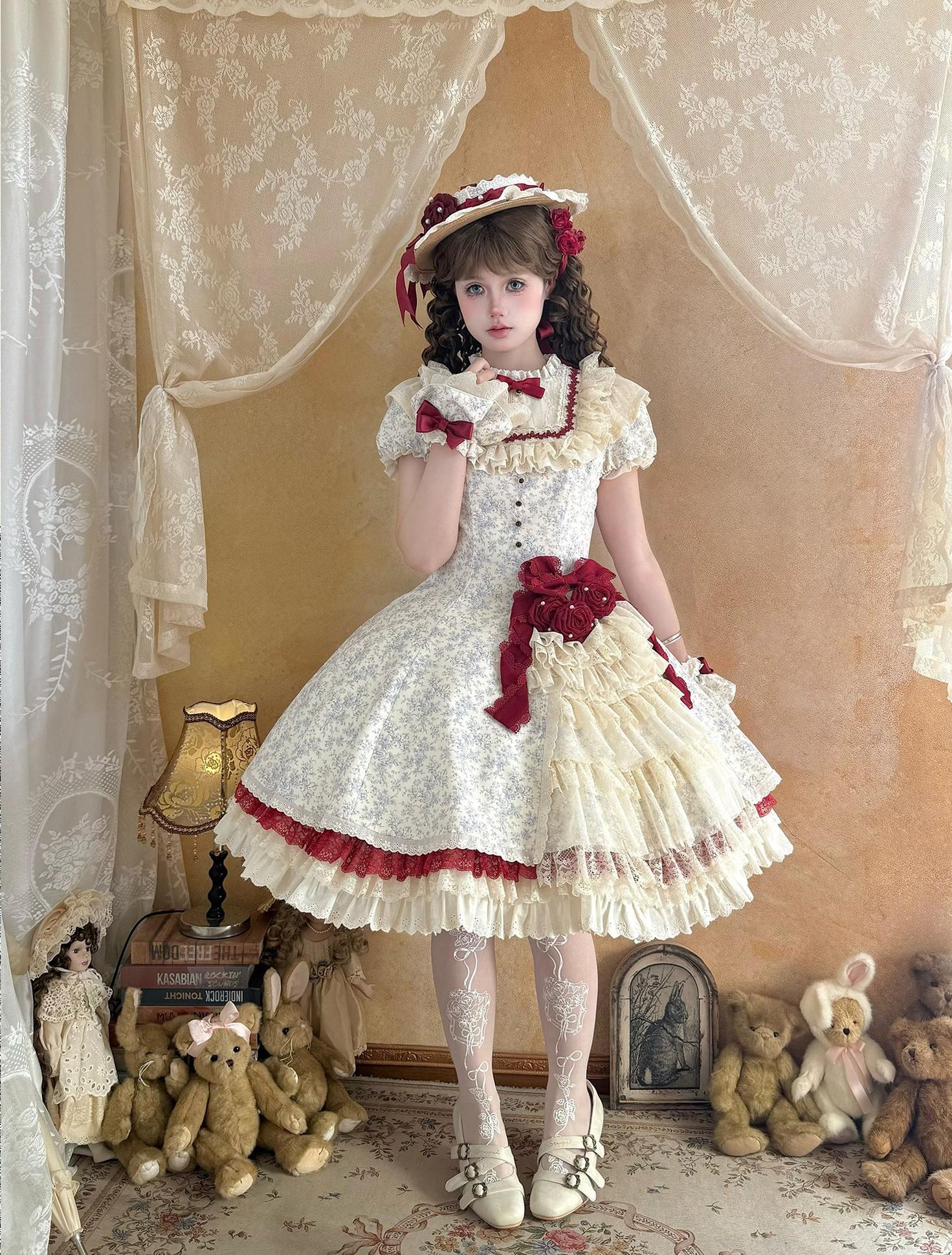 Miss Bula - Cotton Old School Lolita Floral Print OP Dress OP S