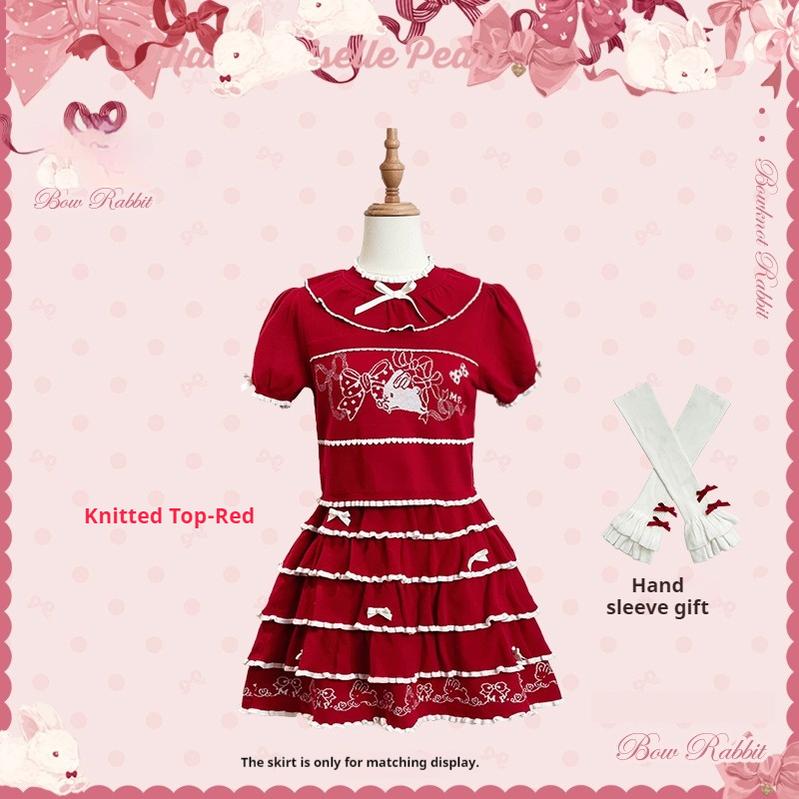Mademoiselle Pearl~Bow Bunny~IP Collab Sweet Lolita OP Dress Bow JSK OP XS Knit Top (Red) 