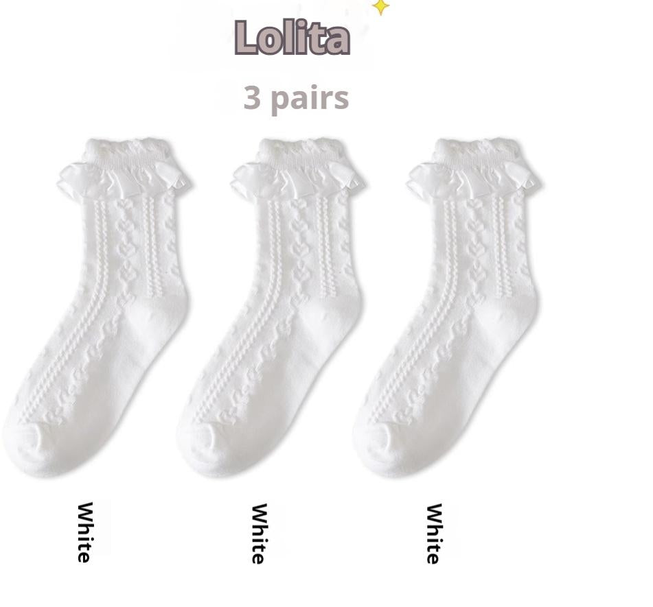 JingChi - Sweet Lolita Socks Women's Multicolor JK Mid-Calf Socks White / 3 Pairs One Size (36-39)