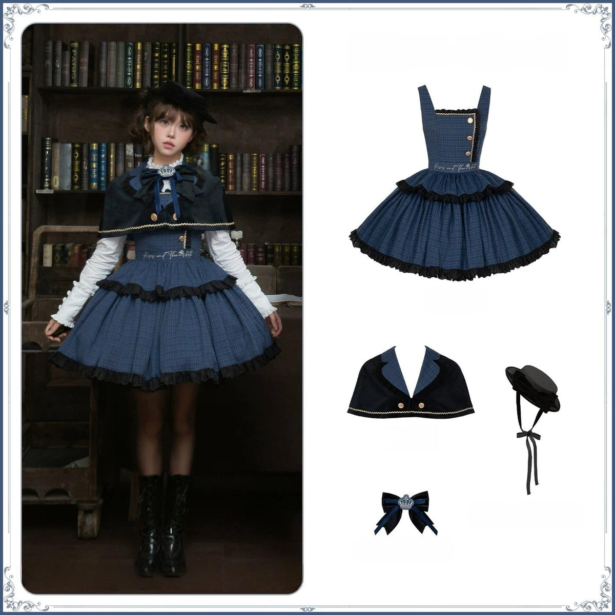 Heide Diary - Classic Lolita Blouse & JSK Dress Set, Blue Plaid (L M S) 46119:875722