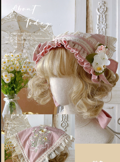 MieYe~Elegant Lolita Daisy Embroidery Headdress and Accessory pink triangle scarf hairband  