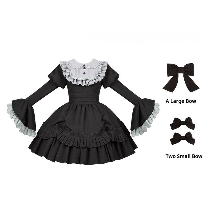 With PUJI~Midnight Chronicles~Black Old School Lolita OP Dress with Princess Sleeve OP + A Large Bow + Two Small Bows S