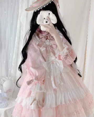 Fishing Boss~First Cherry~Sweet Lolita Gorgeous Long Sleeve Pink Dress   