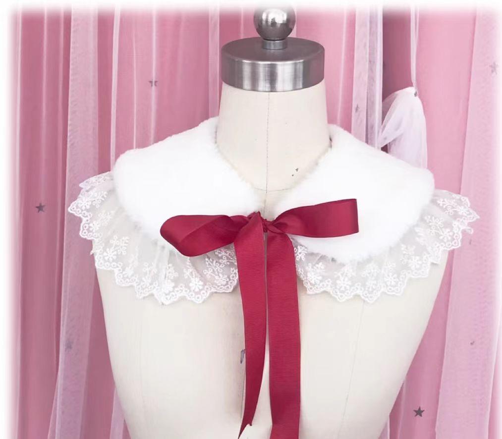 Candy Sweet - Winter Lolita False Collar Plush Bow Collar Scarf Wine Red Ribbon Lace