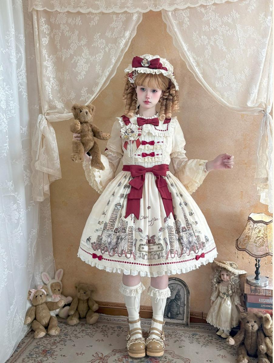Pancake Postman - Kawaii Lolita Printed OP & Salopette Dress, Lace & Bows