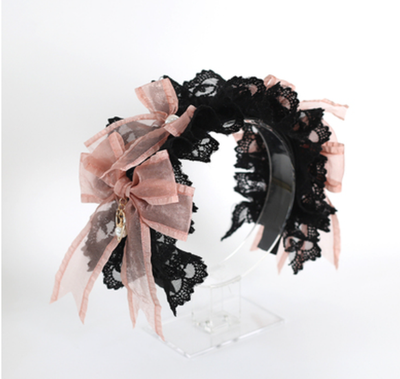 Xiaogui~Sweet Lolita Black and Pink Lace Hair Clips, KC and Small Top Hats No.2 black pink love with teeth hair hoop  
