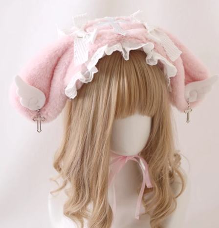 Xiaogui~Kawaii Lolita Hairband Plush Wings Headdress White-pink  