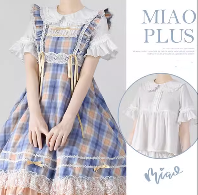 Miaoplus~Sweet Lolita Plaid JSK Multicolors short sleeve shirt S blue-yellow plaid long type free size 