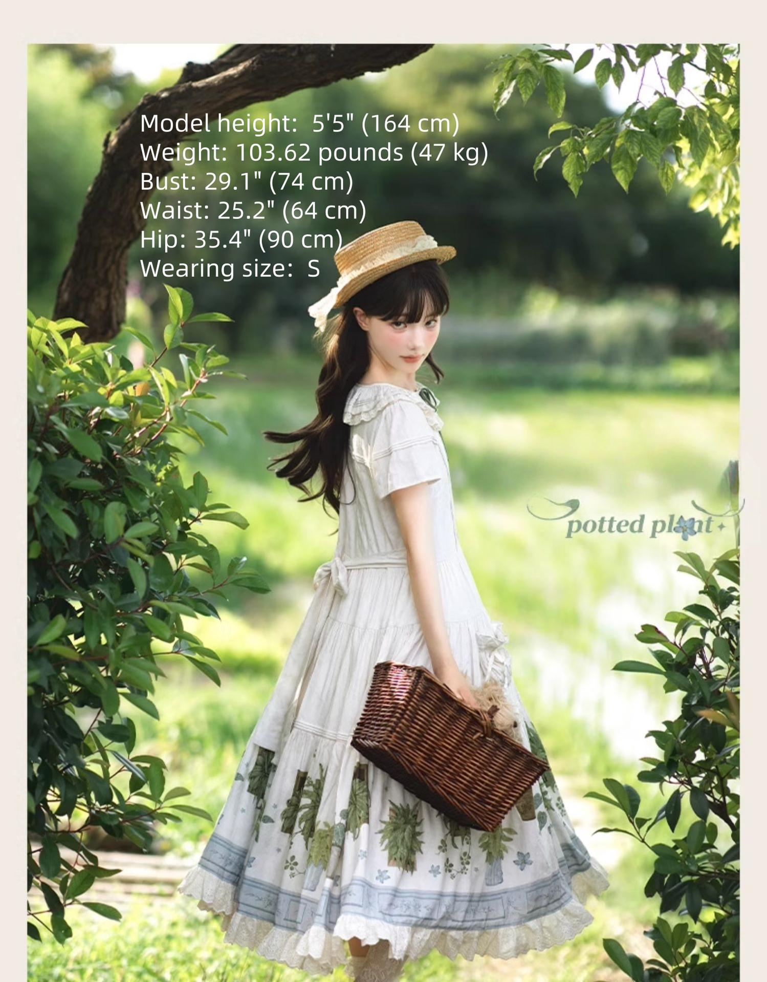 Piggy Bun - Potted Plant - Country Lolita Dress, Green Plant Print