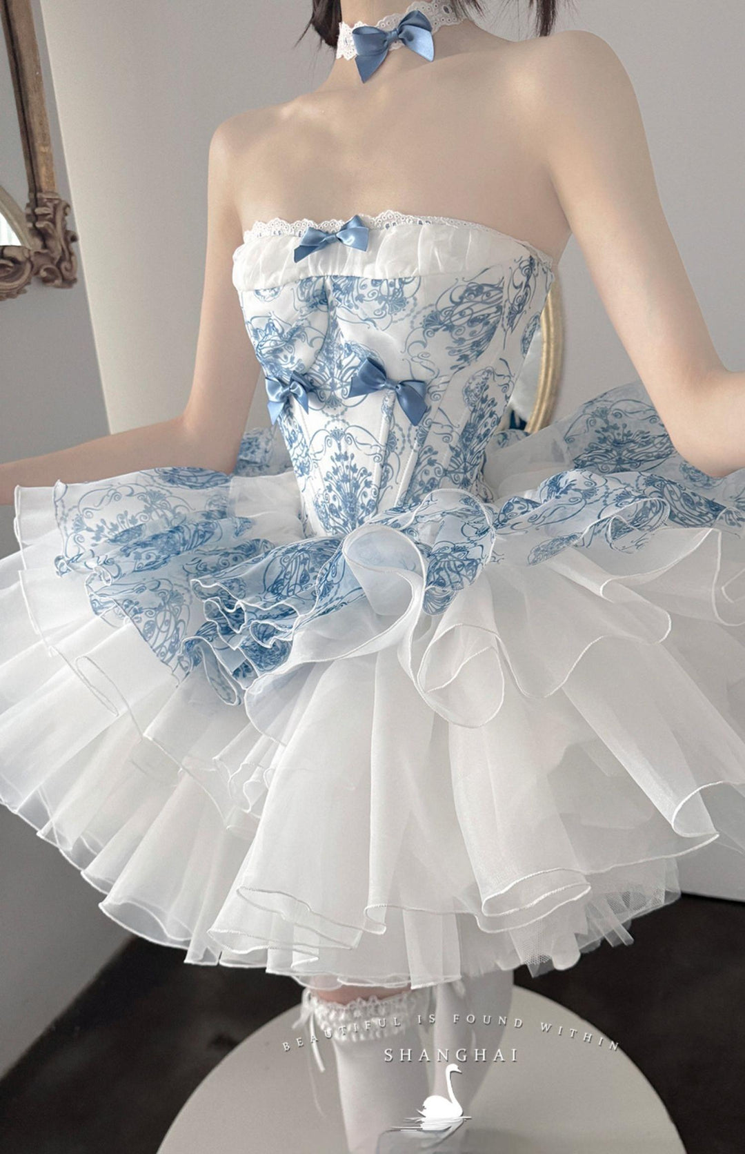 POSHEPOSE~Blue and White Porcelain~Princess Lolita Cake Skirt JSK Dress Plush Cape