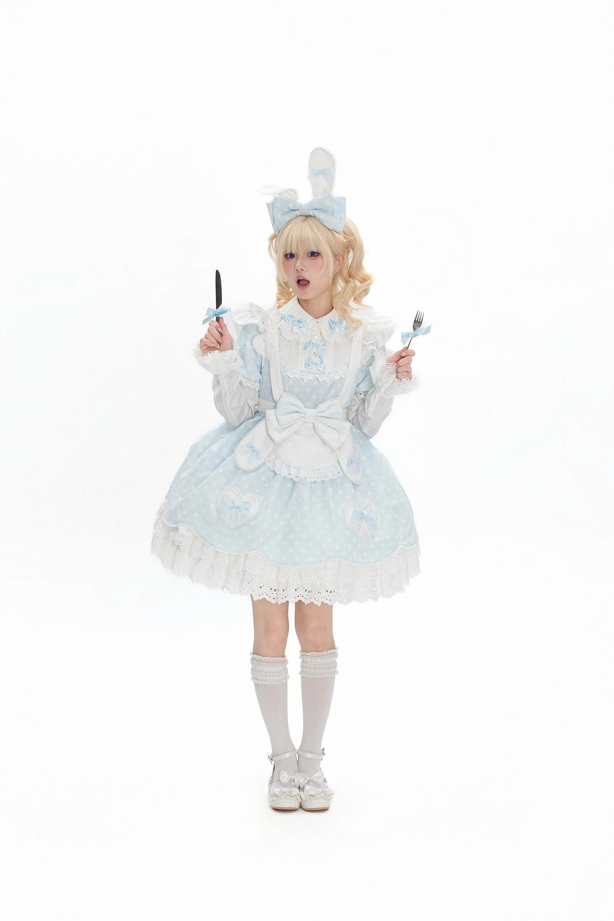 Bunny Kissaten - Four Colors Old School Lolita Polka Dot OP, Bunny Ear Apron 45824:864372