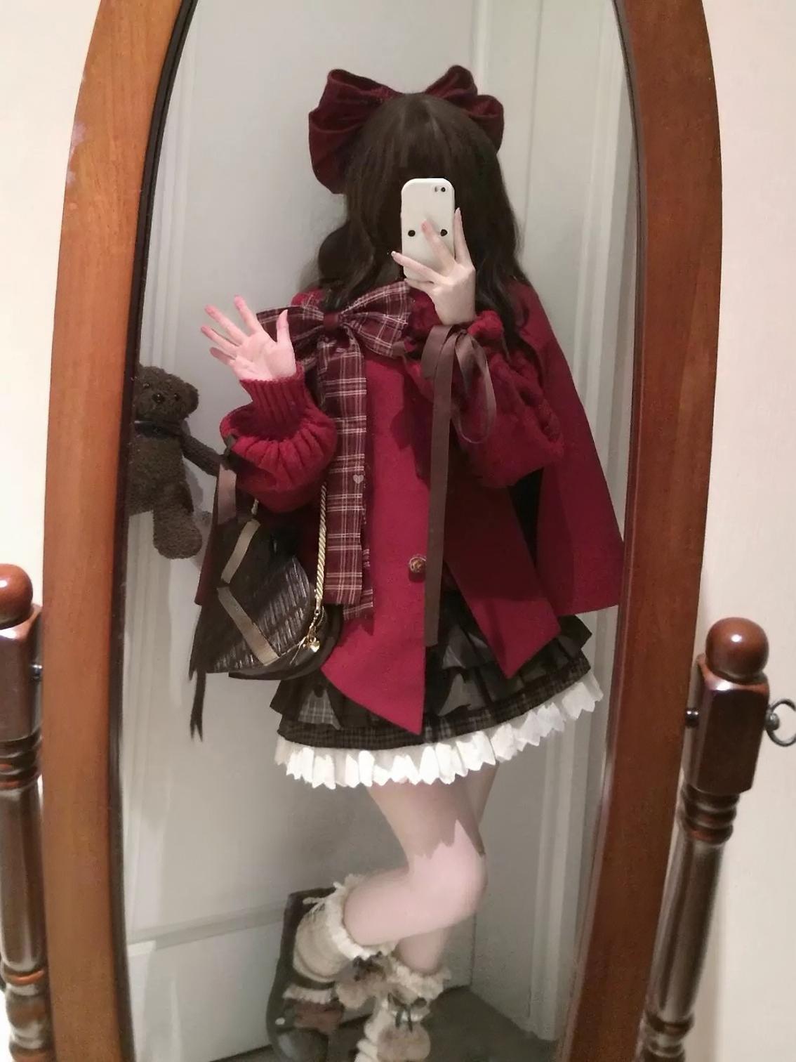 Christmas Lolita Wine Red Cape Coat, Bunny Ear & Plaid Bow