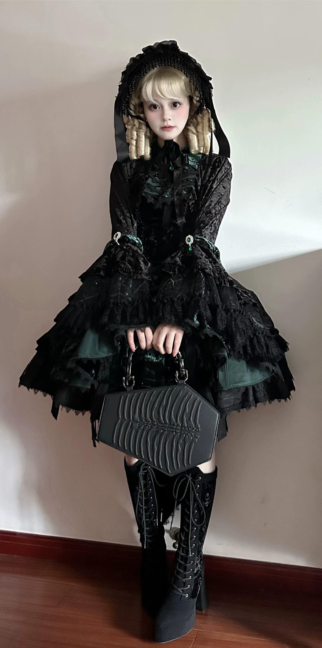 Dark Raven Poem - Gothic Lolita JSK & Bolero Dress Set, Diamond Velvet 45967:869805