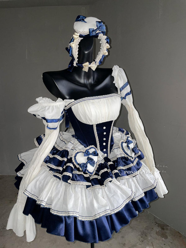 POSHEPOSE~Girl's Shore~High-End Sailor Lolita Dress Set S White and navy blue dress 