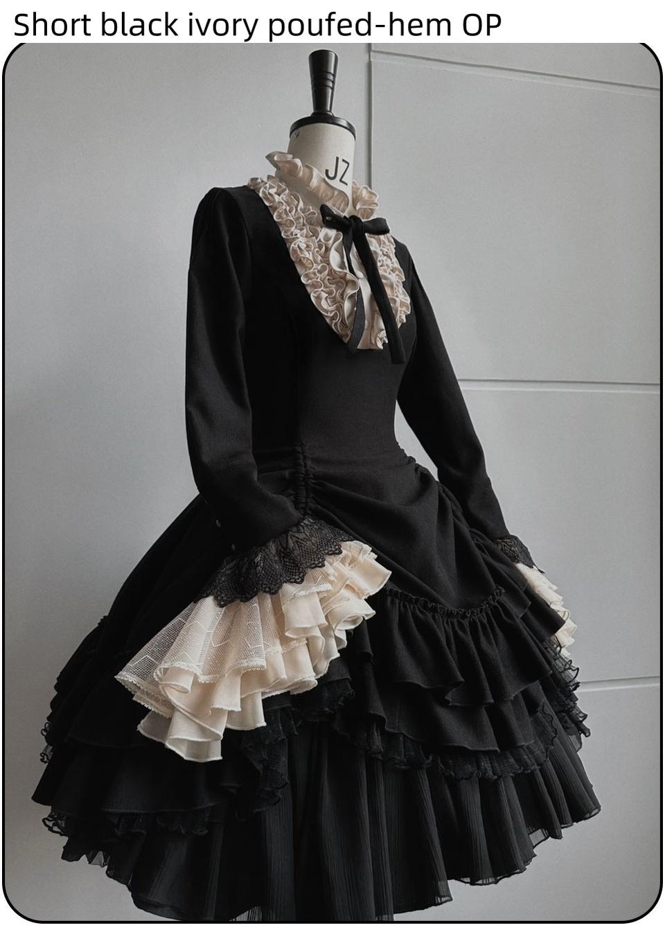 Susin Lolita~Moonlit Rose~Gothic Lolita OP Dress Winter Wool Lolita Overcoat S short black ivory poufed-hem OP only 