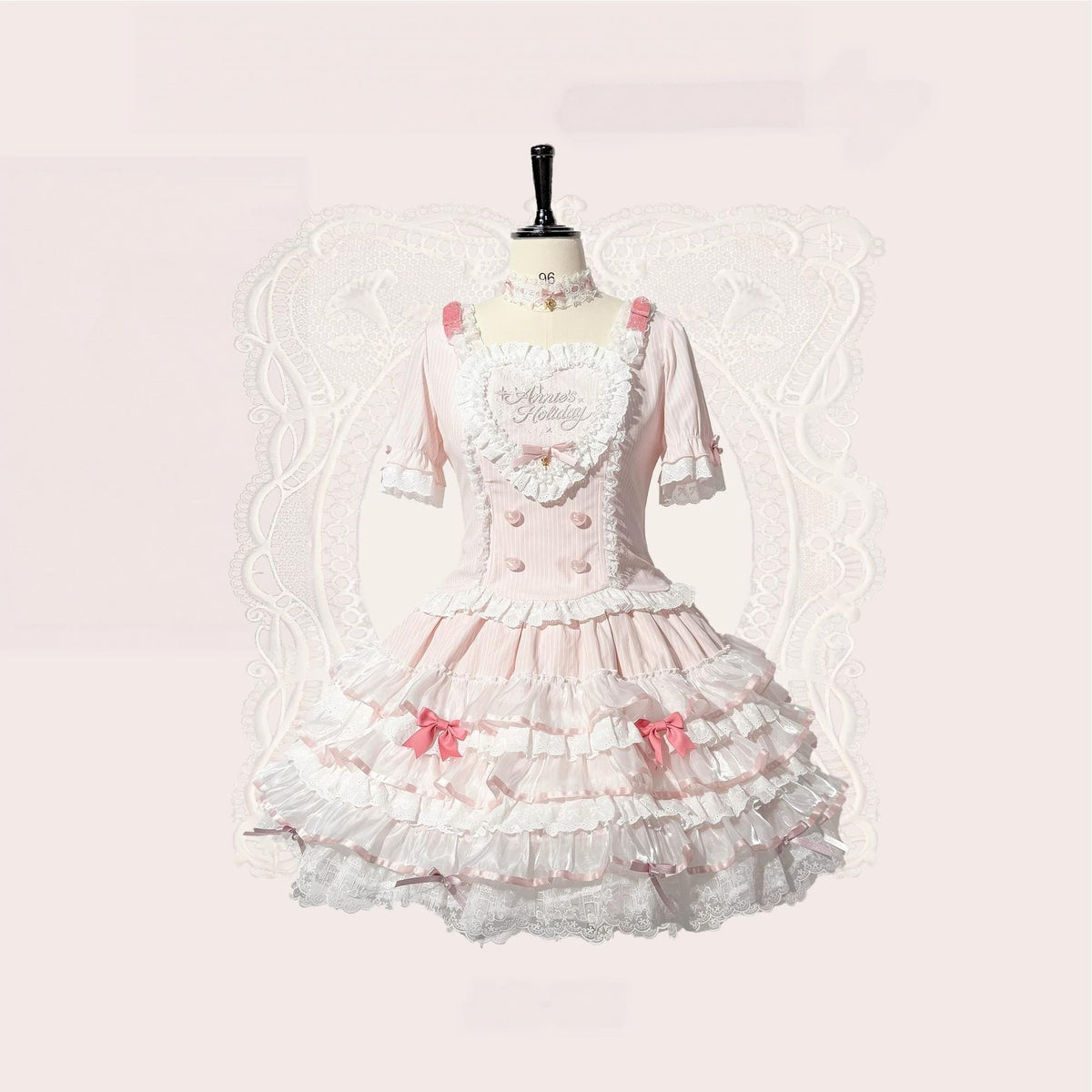 Sparkle Annie - Plus Size Sweet Lolita Top & SK Set, Cream Pink Pinstripe (2XL 3XL 4XL 5XL L M S XL) 45943:869353
