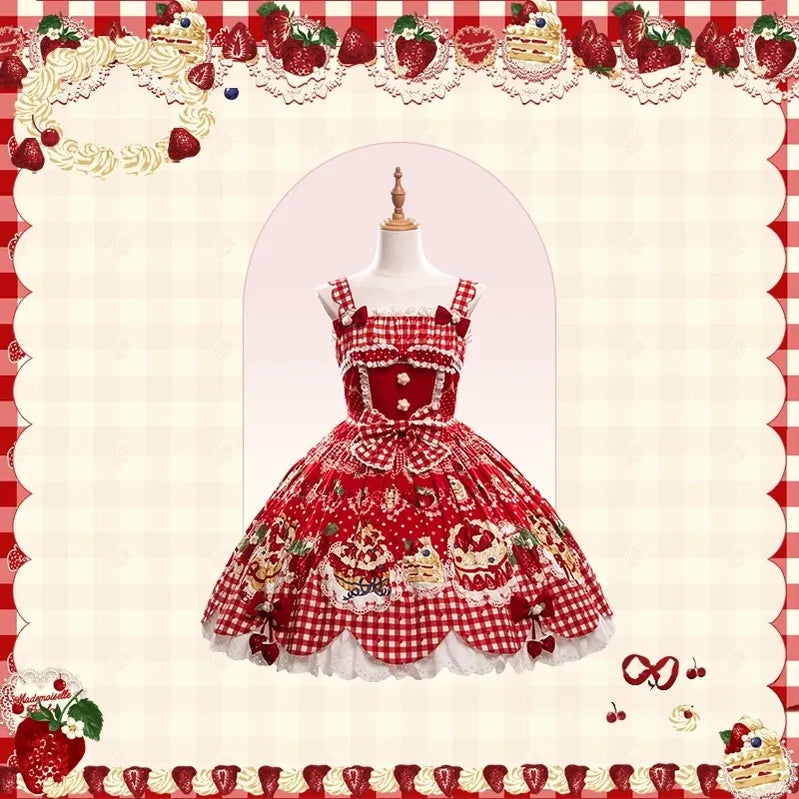 Strawberry Cake Pictorial - Cotton Sweet Lolita Petal Hem JSK, Strawberry Cake Print (L M S XL XS) 45810:863209