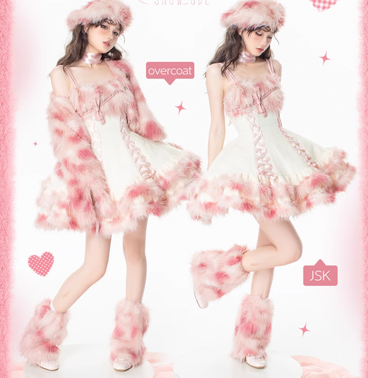 Urtto~Snow Song~Sweet Lolita Coat Pink Faux Fur Dress Set   