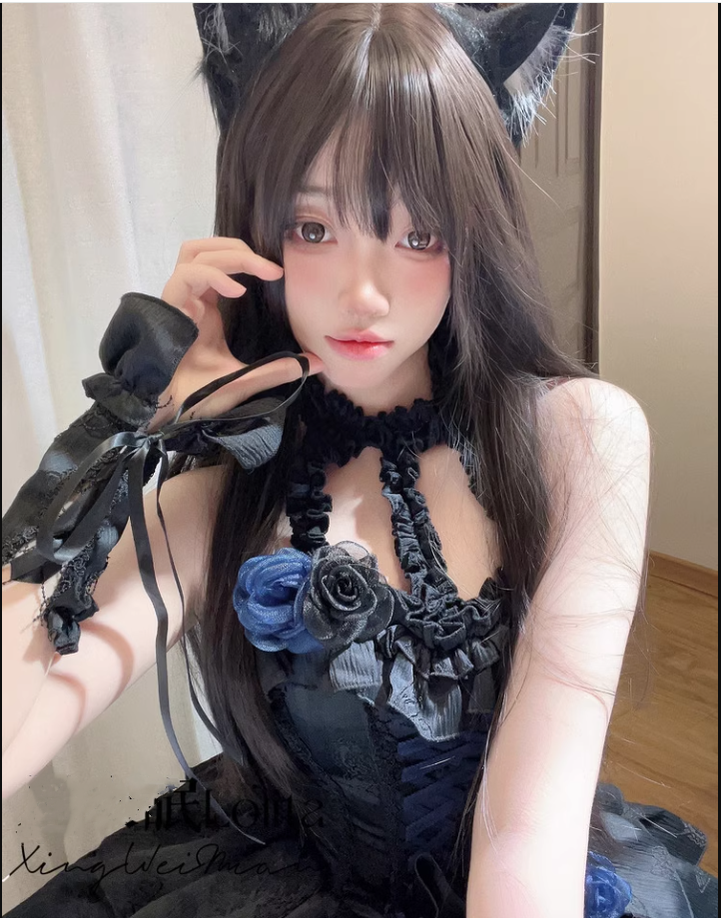 Xingweimian~Sunset Venus~Gothic Lolita Formal Dress Fishbone Waist JSK Dress Set black and blue floral headdress S 