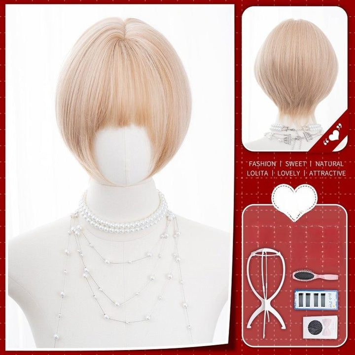 Alicegarden~Doll-like Lolita Bob Wig with Detachable Curly Ponytail Golden - BOBO Wig+Pink Steel Comb+Hair Net+Wig Support+Hair Pins