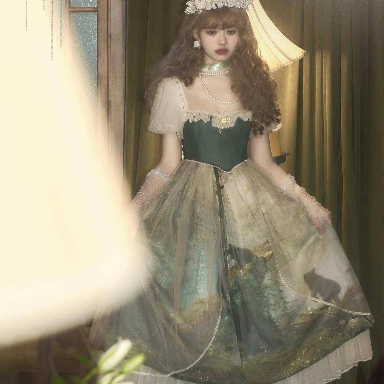 Cyan~Morning of Pine Forest~Elegant Lolita Cyan Bear Print OP   