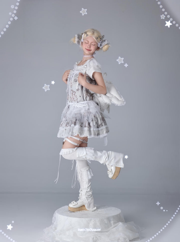 Bacio Bouquet~Hyaline Angel~Daily Lolita Low Waist Dress with Angle Print&Lace Detail