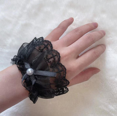 (BFM)BeiBei Handmade~Kawaii Lolita Cuffs Hand Sleeves Lace Bracelet Black pearl design black lace cuffs  