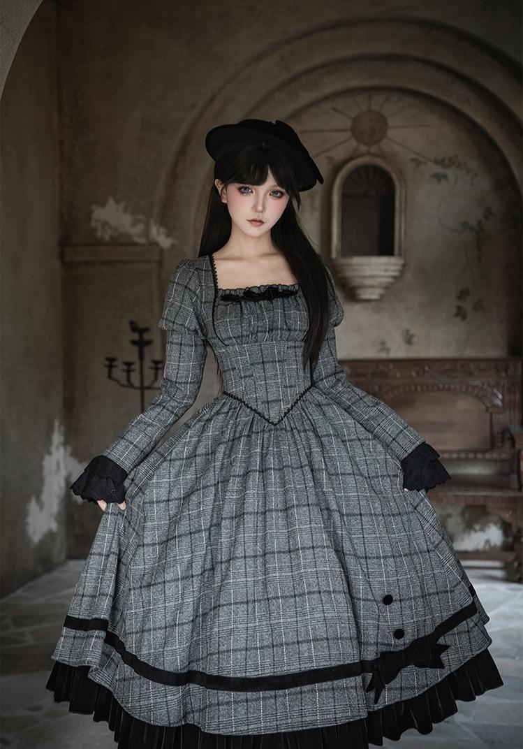 With PUJI - Yesterday's Epistle - Winter Classic Lolita Plaid Dress Set, Fishbone Waist 44227:800117