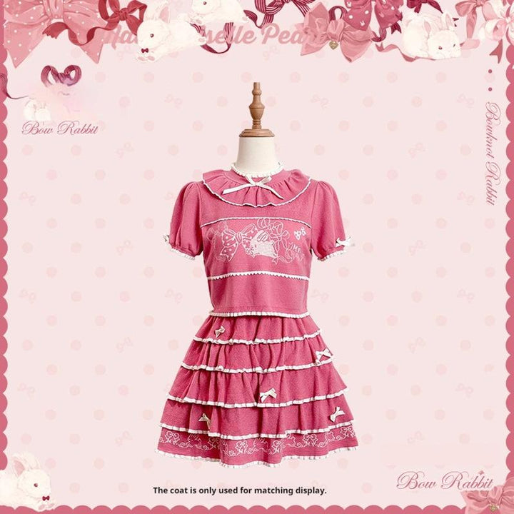 Mademoiselle Pearl~Bow Bunny~IP Collab Sweet Lolita OP Dress Bow JSK OP XS Knit Skirt (Pink) 