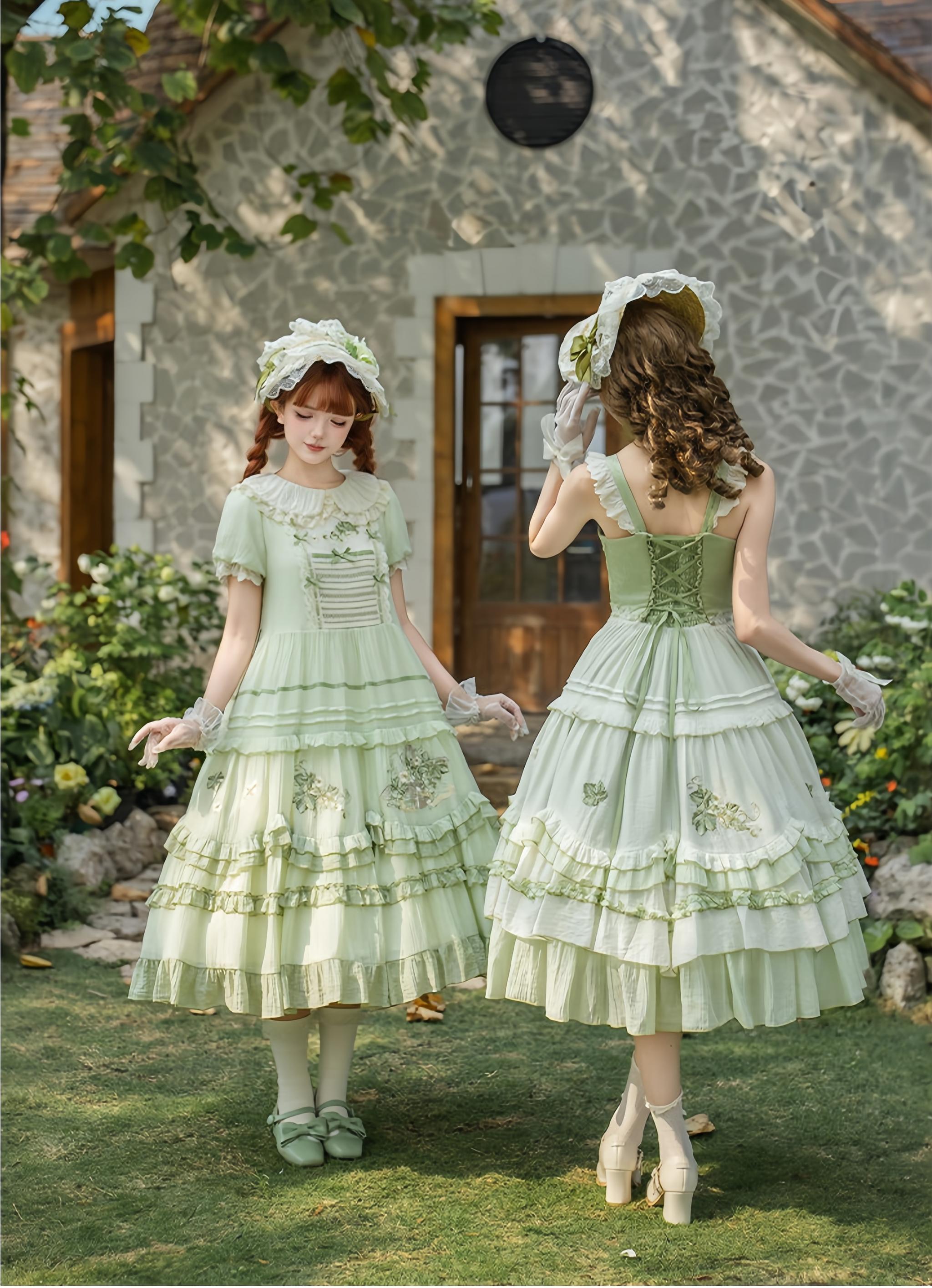 Green Grape - Embroidered Country Lolita OP Dress, Tiered JSK