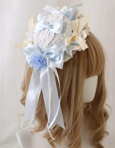 Xiaogui~Four Seasons Floral~Sweet Lolita Headdress Bow KC Lace Cuffs 17cm small top hat  