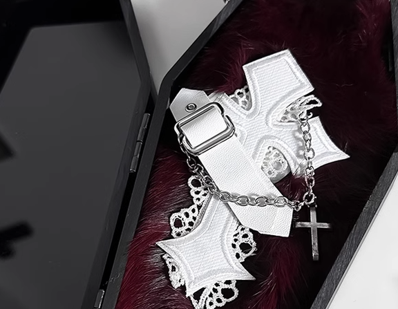 CastleToo~Halloween Gothic Lolita Cross Shaped Brooch Headdress white cross with leather buckle and chain  
