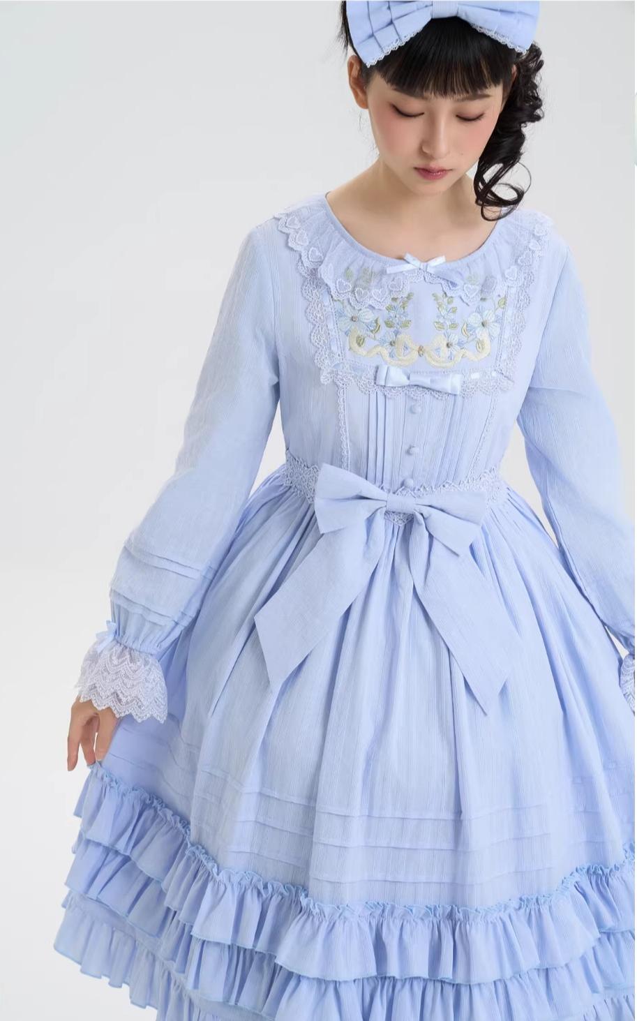 Maiden Nelly - Classic Lolita OP Dress, Embroidered Flowers Blue - Long Sleeve OP Dress + Bow S