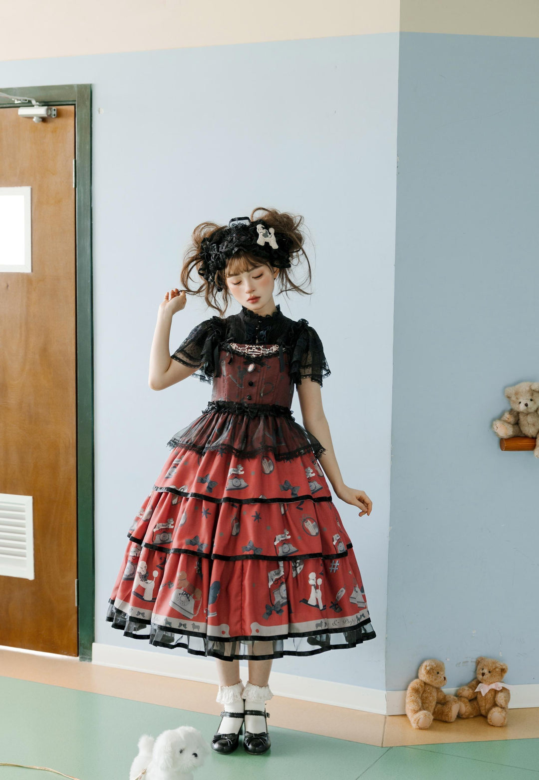 LittlePlum~Telephone Dog~Black Red Classic Lolita Dress Set with OP JSK and Skirt