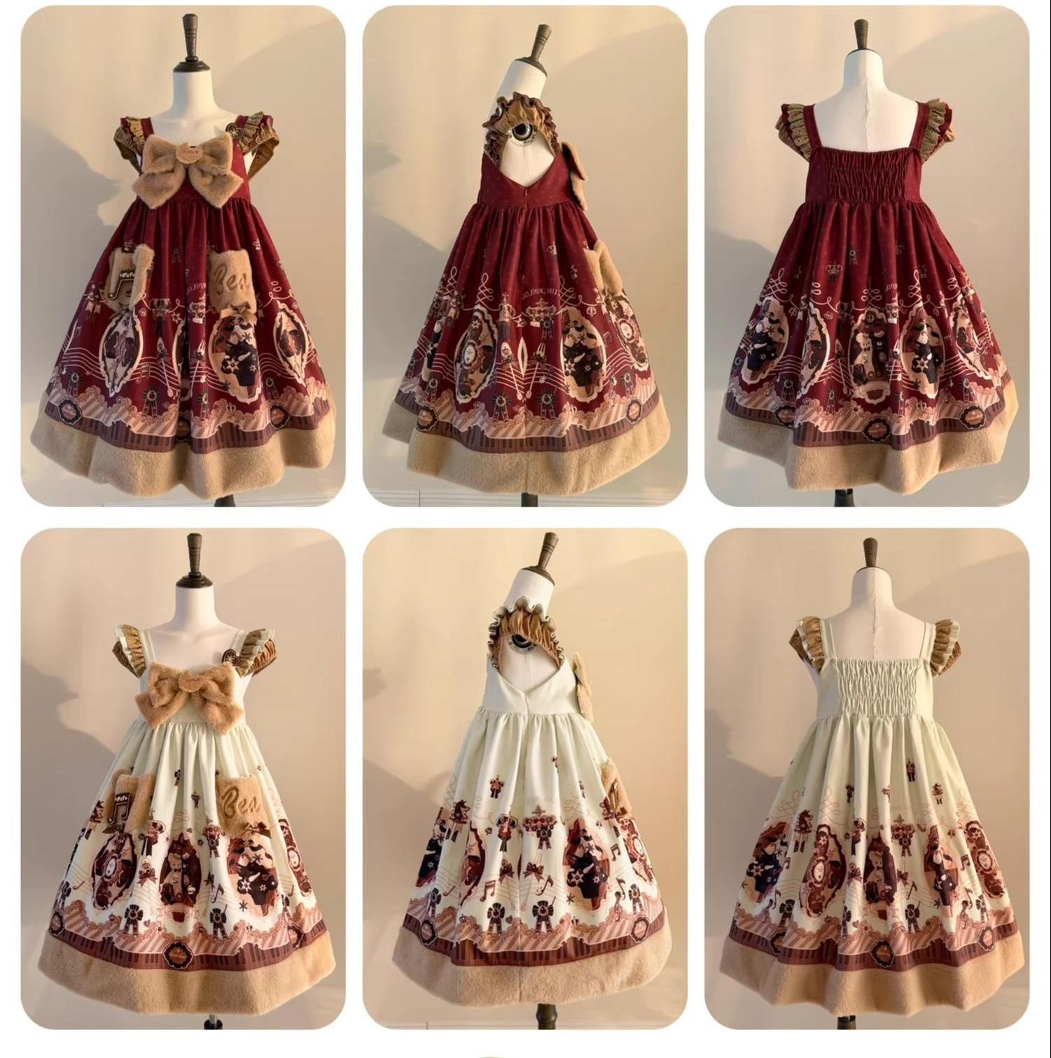 Cream Bear - Print Kawaii Lolita Fake Two-Piece OP, A-lined JSK Dress 44502:811689