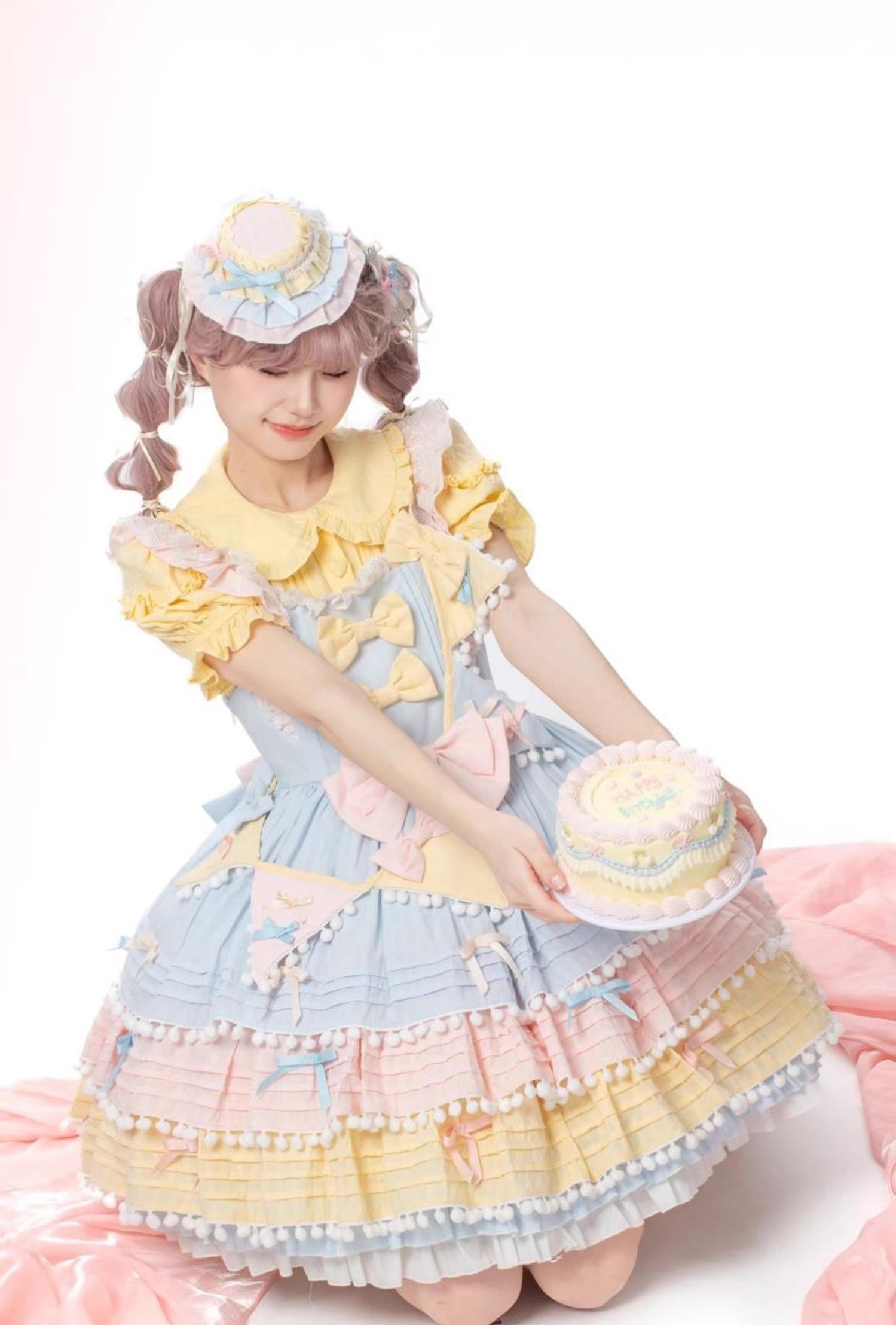 Chubby Cat Diary - Sweetheart Macarons - Sweet Lolita JSK Dress, Pom-pom Accents 44105:796022