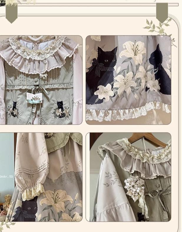 Akiyama Future Studio~Black Cat and Lily~Loose Kawaii Lolita OP Dress with Vest and Hat