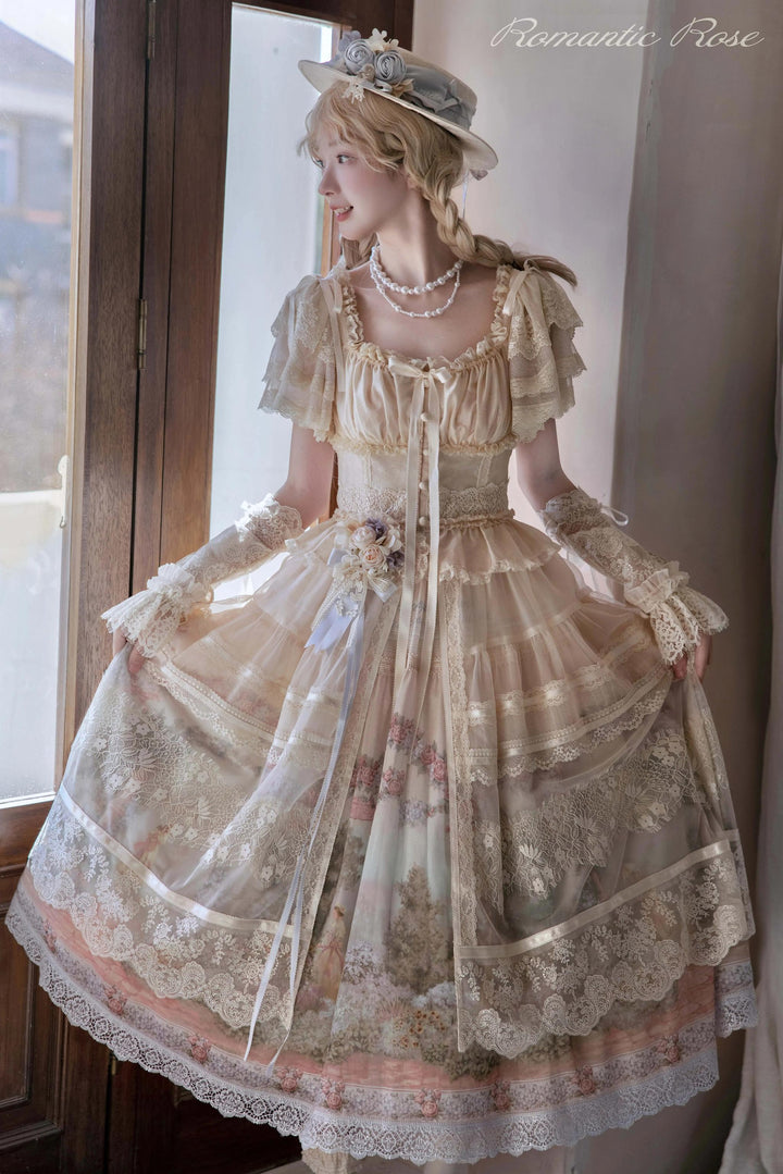 ZUOlanrichen~Romantic Rose~Classic Lolita Shirt with Puffy Sleeves Sheer Skirt Overlay