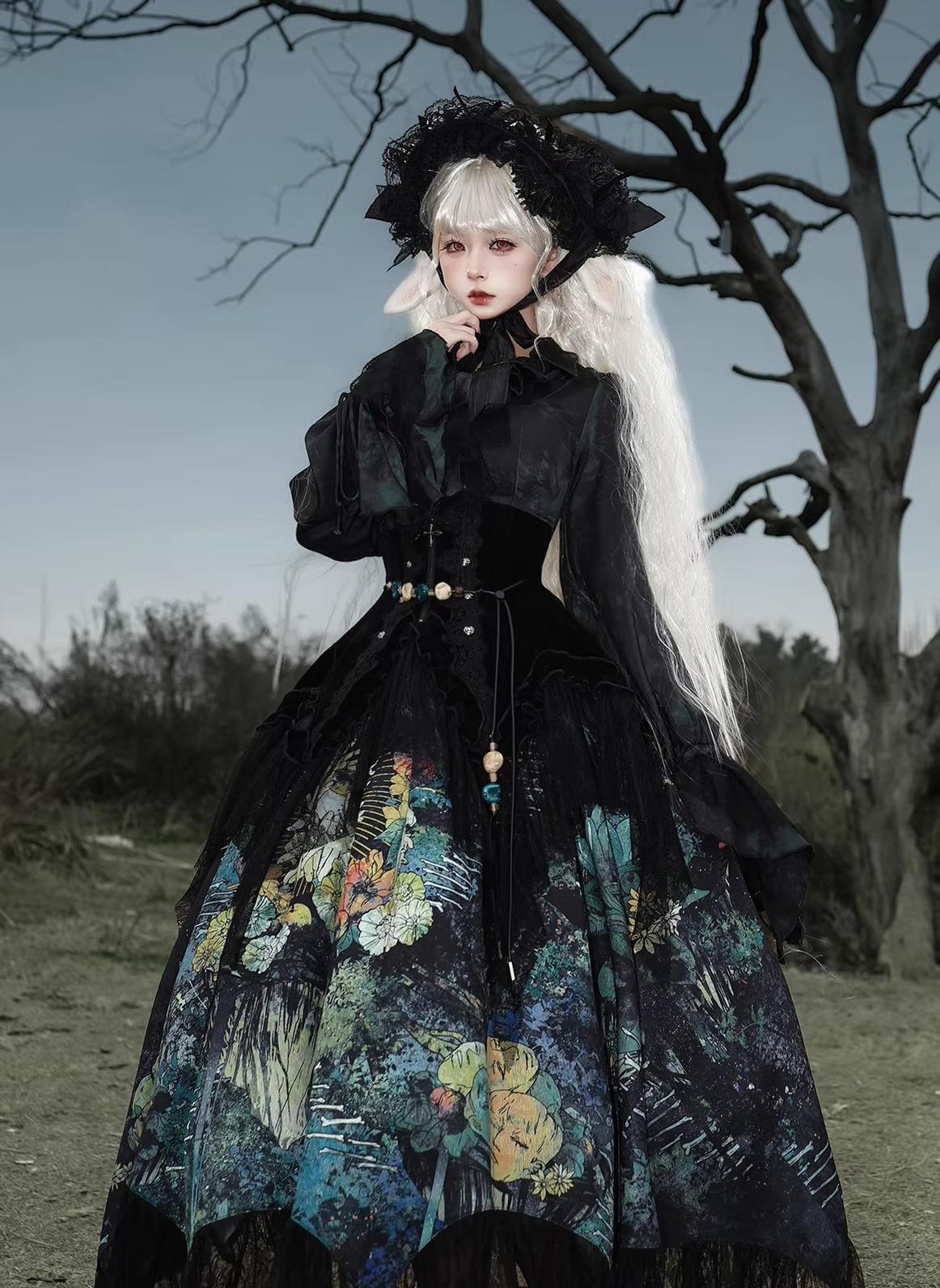 Bone Garden - Printed Gothic Lolita Skirt, Boning Corset