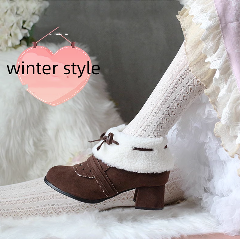 Spring Day Lolita - Kawaii Lolita Winter Multicolor Ankle Boots cholocate winter style size 25.5# (41 size)