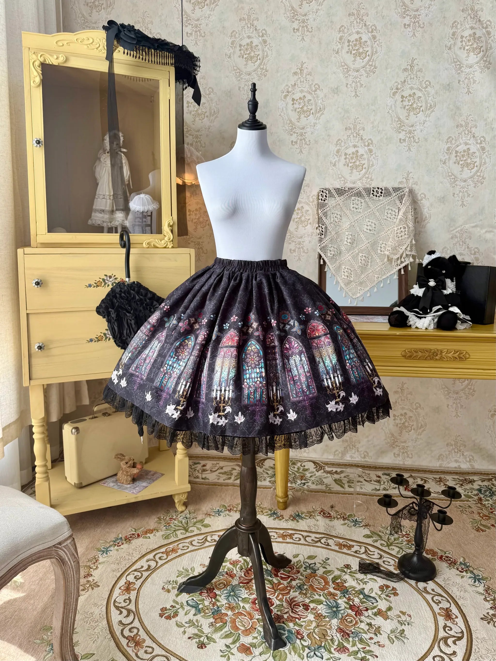 Temple Stained Glass - Gothic Lolita Stained Glass Printed SK, Elastic Waist 45770:861917