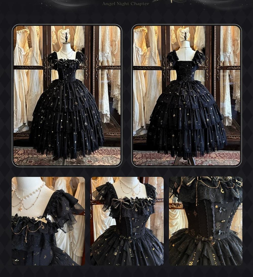 Elegant Gothic Lolita JSK Dress, Gold Foil Star & Moon Print